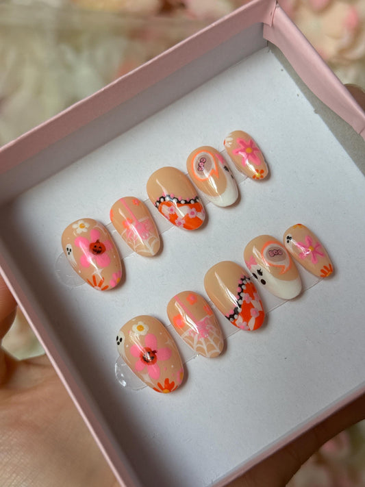 Cute Pink Halloween ‘Groovy Ghost’ Inspired -Reusable Press on Nails